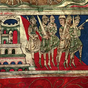 Departure of Charlemagne (742-814) from Aquisgran to Santiago de Compostela (miniature)