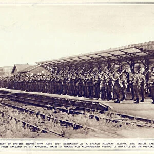 A detachment of British troops who have just detrained at a French railway station
