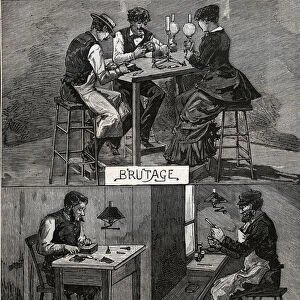 Diamond cutting, sound, rough and cleavage. Engraving from 1885 in "
