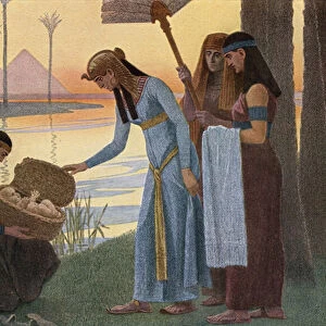 Discovery of the baby Moses in the bulrushes in Egypt (colour litho)