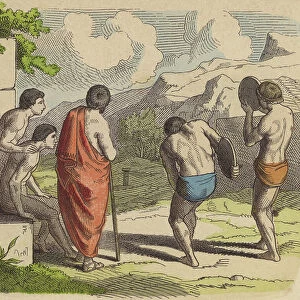Discus throwing in Ancient Greece (coloured engraving)