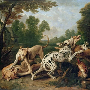 Dogs Fighting in a Wooded Clearing (oil on canvas)