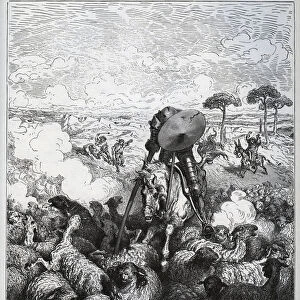 Don Quixote attacks a herd of sheep, believing he was dealing with the army of