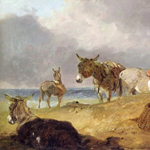 Donkeys and Figures on a Beach (oil on canvas)