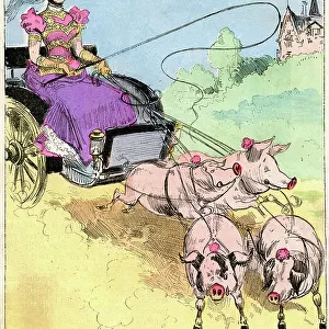 Drawing by Albert Robida (1848-1926) on cover of the Comique World n°296 (early 20th century) - New very elegant hitch for small outings in the countryside - Young woman driving a pigs carriage (pigs)