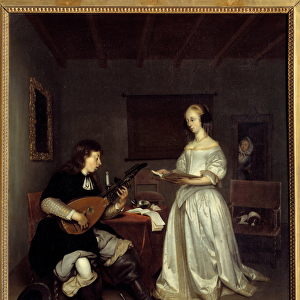 The Duo; singer and lute player theorbo. Painting by Gerard Ter Borch (1617-1681), Dutch