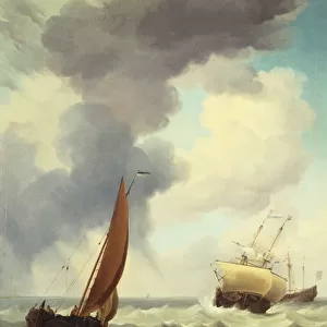 Dutch Merchant Ships and a Coastal Trader in Choppy Seas (oil on canvas)