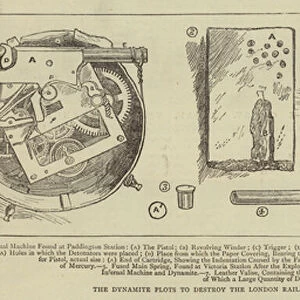 The Dynamite Plots to destroy the London Railway Stations, the Infernal Machines (engraving)