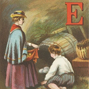 E: E for the Eggs, which we find in the nest; They still feel quite warm, from the hen's downy breast. 1870 (illustration)