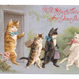 Edwardian birthday postcard of a cat waving off three kittens going to school, c