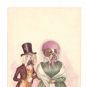 Edwardian postcard of two dogs wearing human clothes taking a stroll, c