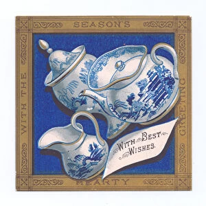 Edwardian postcard of a oriental porcelain teapot, milk jug and sugar bowl, c