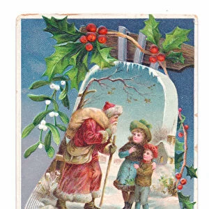 Edwardian postcard of a picture of Father Christmas and two children in the middle of a