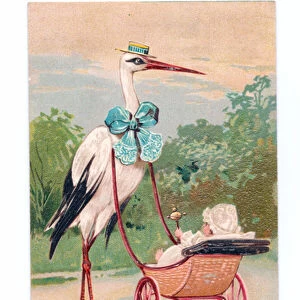 Edwardian postcard of a stork wearing a hat and bow drawing a pram with a small child in