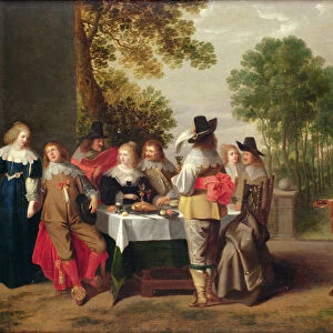 Elegant Company seated at a Table in a Formal Garden (oil on marouflaged panel)