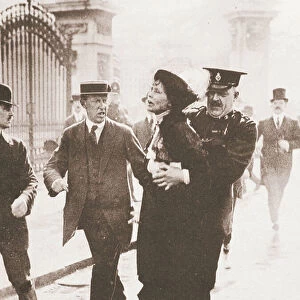 Emmeline Pankhurst's arrest outside Buckingham Palace, while trying to petition the king, 21st May 1914 (sepia photo)