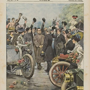 The end of the Beijing-Paris car raid, arrival of the Italian car in Petersburg... (colour litho)