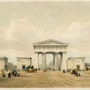 Entrance portico of Euston Grove Station, London (coloured engraving)