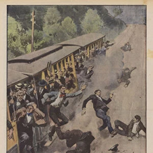 Escape of an electric tram that went down to Florence due to brake breakage, travelers throw themselves... (colour litho)