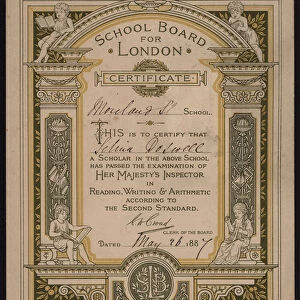Examination certificate for reading, writing and arithmetic awarded by the School Board for London to a pupil of Moreland Street School, 1887 (colour litho)