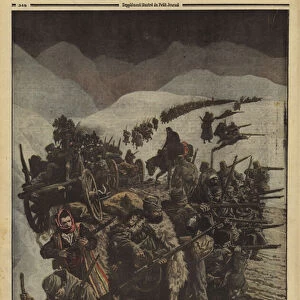 Exodus of a people: the Serbian army protecting a column of peasants fleeing to Albania, World War I, 1915 (colour litho)
