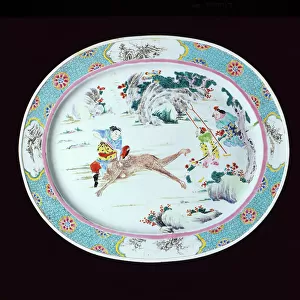 A famille rose dish painted with a scene of Wusong slaying a yeti (porcelain)