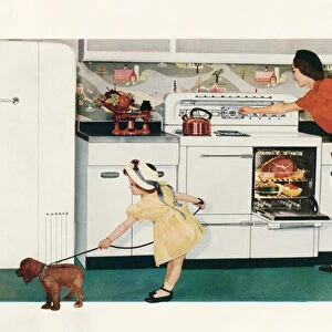 Family About to Enjoy a Dinner Cooking in Their Kitchen Oven, 1950 (screen print)