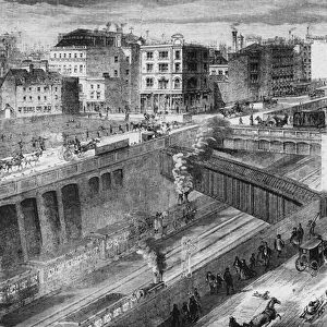 Farringdon Road and the Metropolitan Railway looking north, 1868 (engraving)