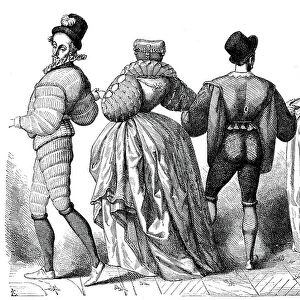 Fashion in 1584 in France, Men and Ladies, Historical, digital reproduction of an original from the 19th century