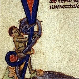 Fight between a dragon and a man Detail of a 14th century miniature