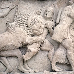 Fighting outside Troy, frieze from the Siphnian Treasury, c. 525 BC (marble)