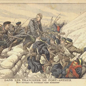 Fighting in the trenches at Port Arthur, Russo-Japanese War (colour litho)