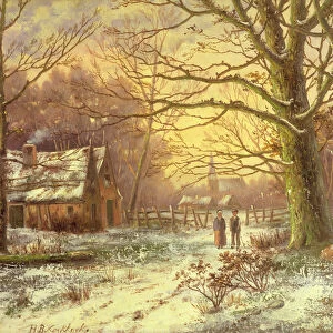 Figures on a path before a village in winter