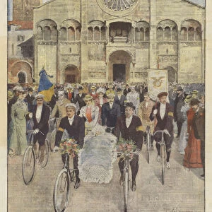 A Fin De Siecle Baptism In Modena, The Washington Child And The Cycling Procession At The Exit From The Duomo (colour litho)