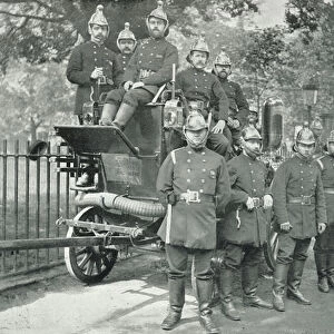The Fire Brigade, Group of Firemen, with Engine and Turncocks (b / w photo)