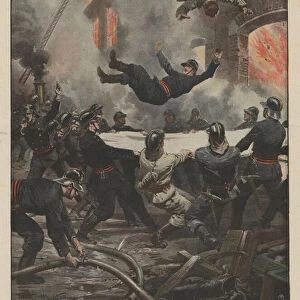 Fire at an industrial plant in Budapest and dramatic rescue of workers and firemen (colour litho)