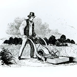 The first lawnmower (engraving) (b / w photo)