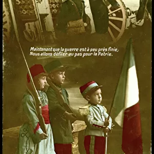 First World War: France, Patriotic Map showing children in French soldier's uniform under an image of soldiers at the front with the commentary: Now that the war is almost over, we are going to move to the country, 1916