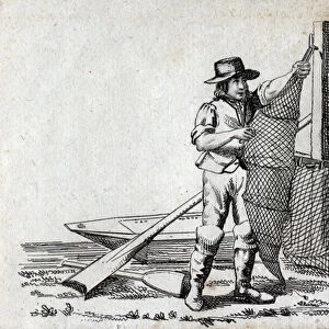 Fisherman and fishnet. Fine engraving of the 18th century. Private collection