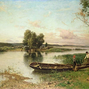 Fishermen unloading their catch in a river landscape