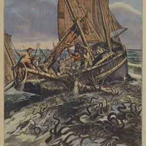 A fishing boat attacked by octopus (colour litho)