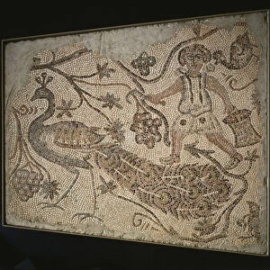Floor Mosaic Panel: Grape Harvester with Peacock, 400s (marble tesserae)