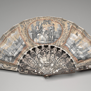 Folding fan with "grisaille"scenes, c. 1780s (gouache on double silk leaf