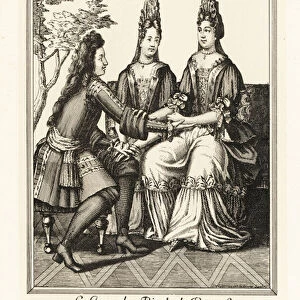 Fop and beauty playing a kissing game, 17th century. 1906 (lithograph)