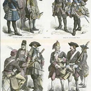 French and Austrian military uniforms, early 18th Century (coloured engraving)