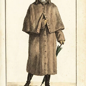 French dandy in alpaca fleece carrick coat, Paris, 1804. 1804 (engraving)