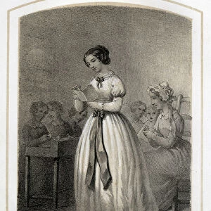 The French girl reads to her classmates. Anonymous engraving of the 19th century