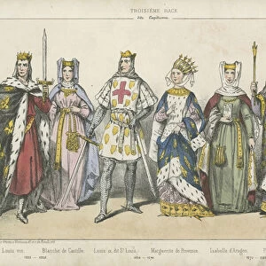 French kings and queens of the 13th Century (coloured engraving)