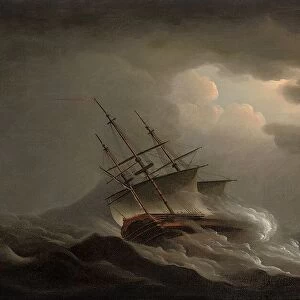A frigate heeling in an offshore gale (oil on canvas)