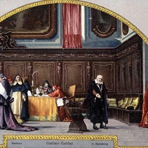 Galileo brought before the Inquisition Court (1633). postcard after the fresco of